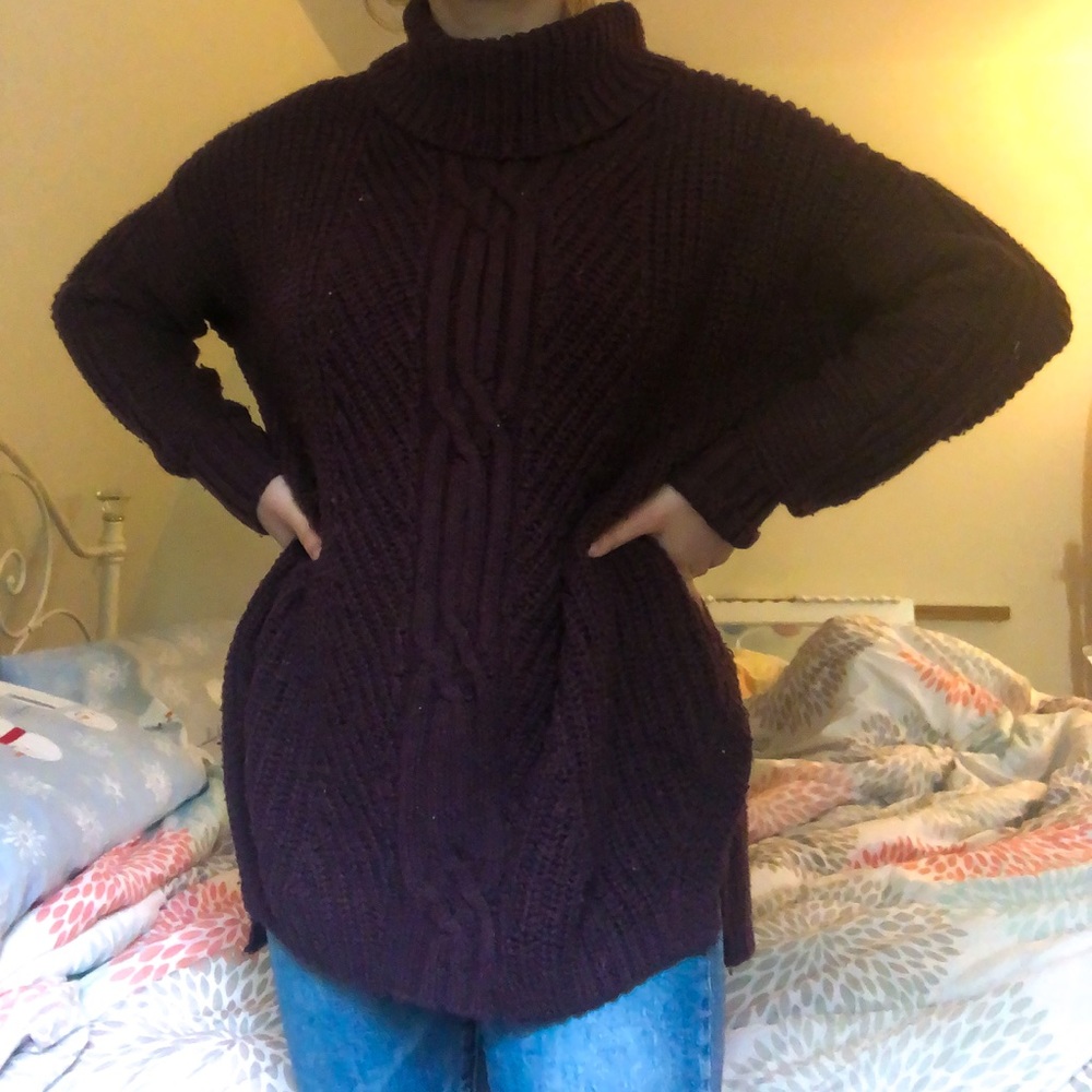 Dark Purple Chunky Knit Turtleneck Sweater